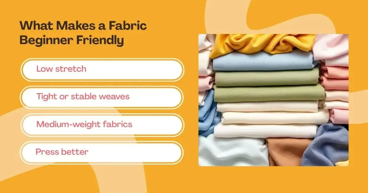 Graphic explaining beginner-friendly fabrics with tips and a stack of folded textiles.