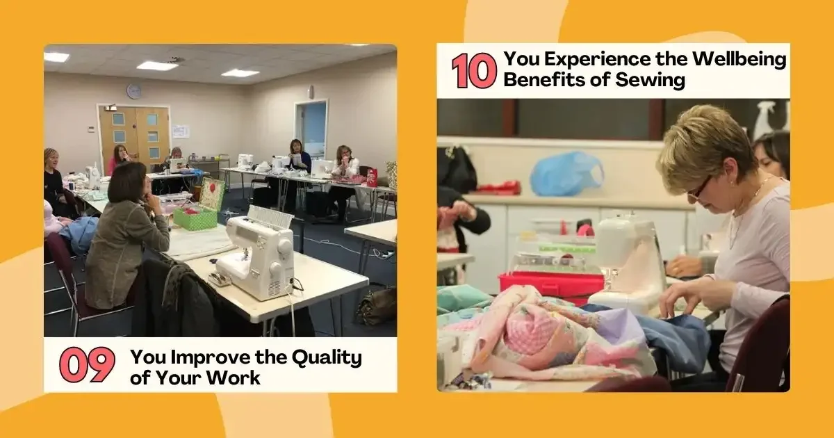 Adults sewing in a class, creating high-quality work and enjoying wellbeing benefits.
