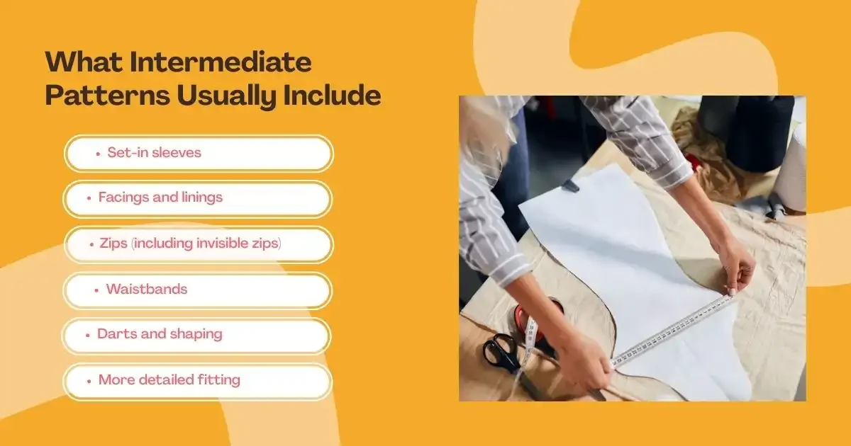 Intermediate sewing pattern techniques shown with darts, measuring, and garment shaping work.