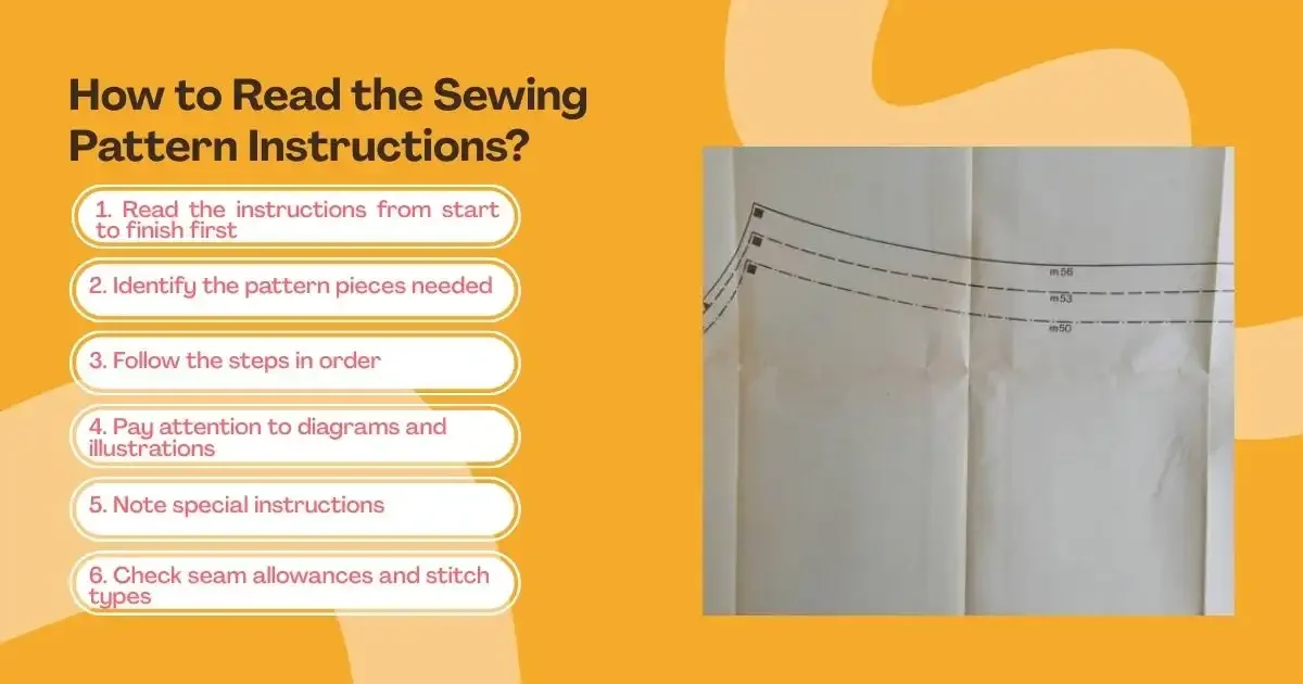 Visual guide explaining steps for reading sewing pattern instructions.
