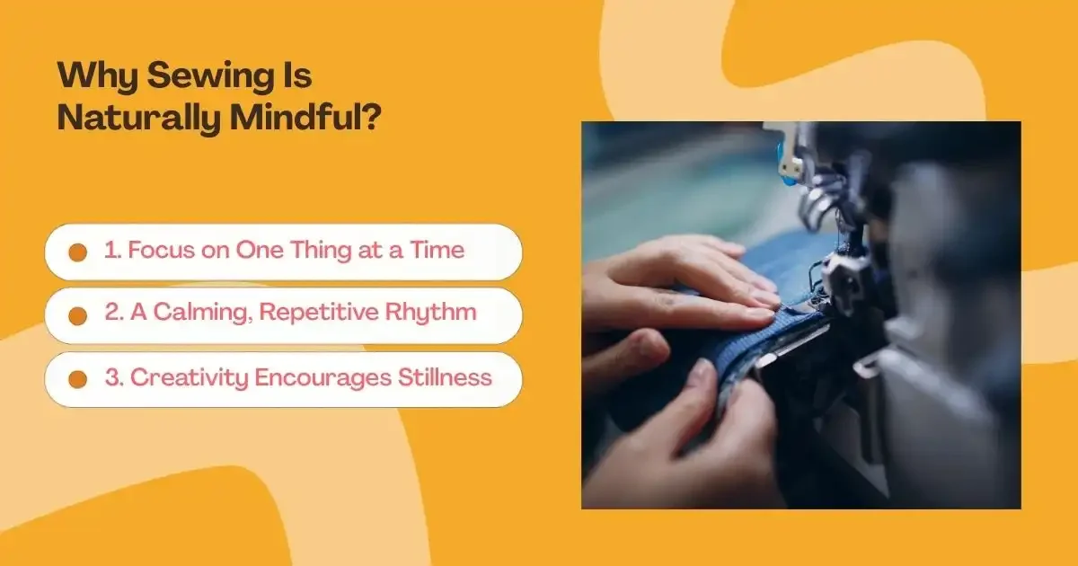 Hands guiding fabric through a sewing machine, showing mindful sewing in action.