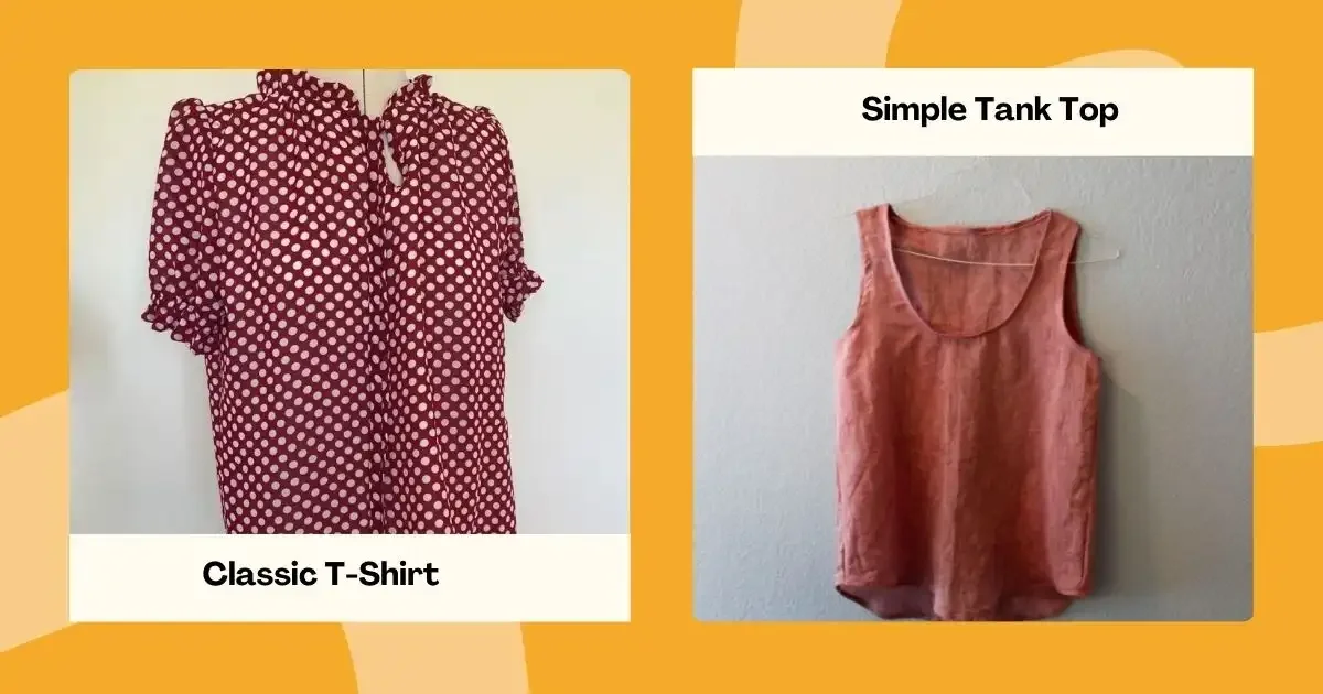 Side-by-side images of a polka dot classic T-shirt and a simple sleeveless tank top.