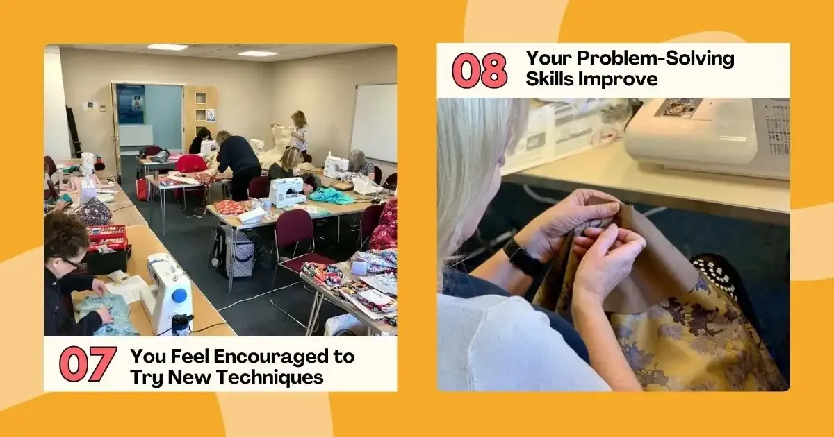 Adults sewing in a class, trying new techniques and improving their skills..