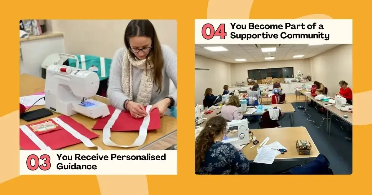 Adults sewing in a class, receiving guidance and joining a supportive community..