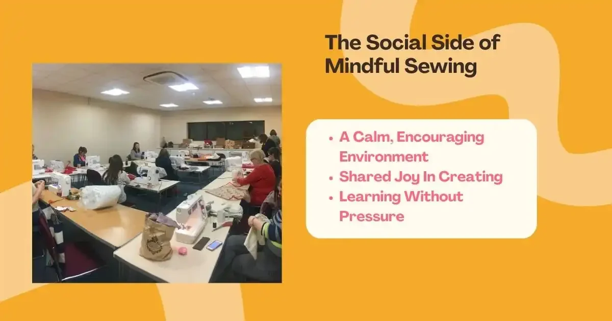 Group sewing class with multiple tables and machines alongside mindful sewing tips.