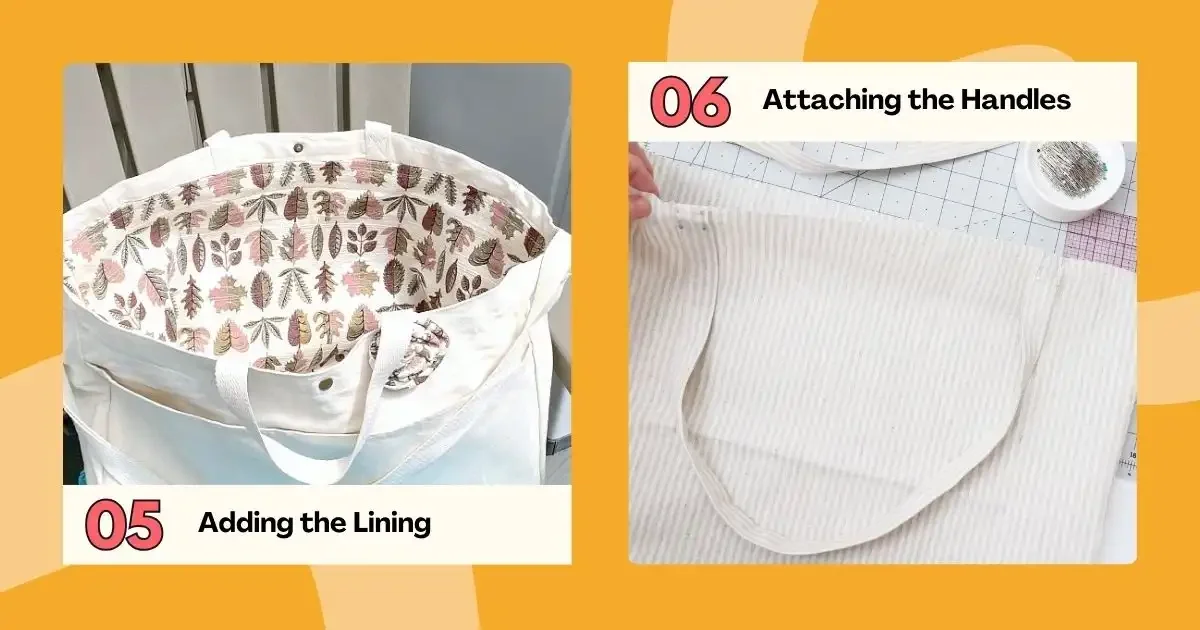 Tote bag lining added and handles attached step-by-step.