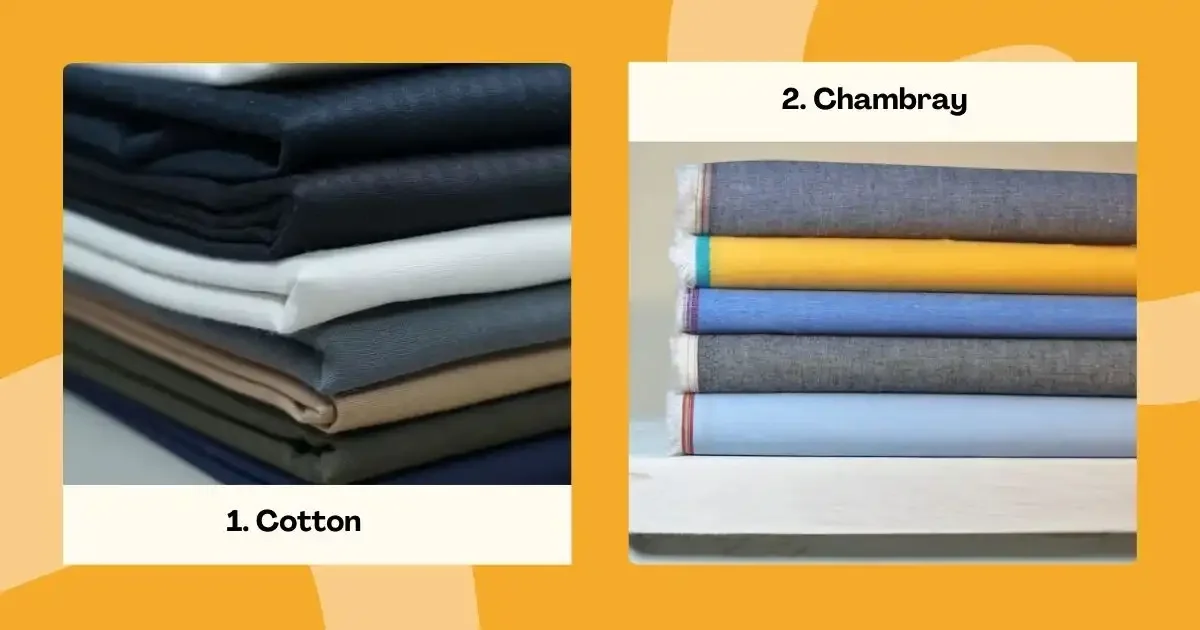 Side-by-side stacks of cotton and chambray fabrics in neutral and blue tones.