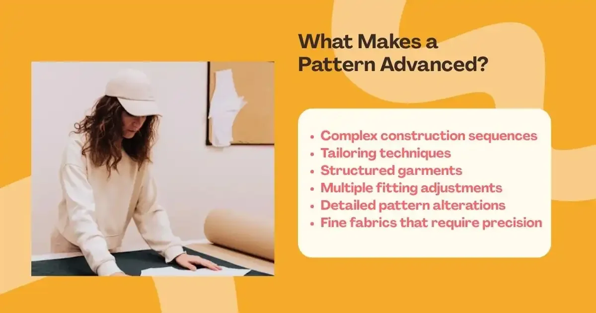 Advanced sewing pattern techniques shown with tailoring, precision cutting, and structured garment work.