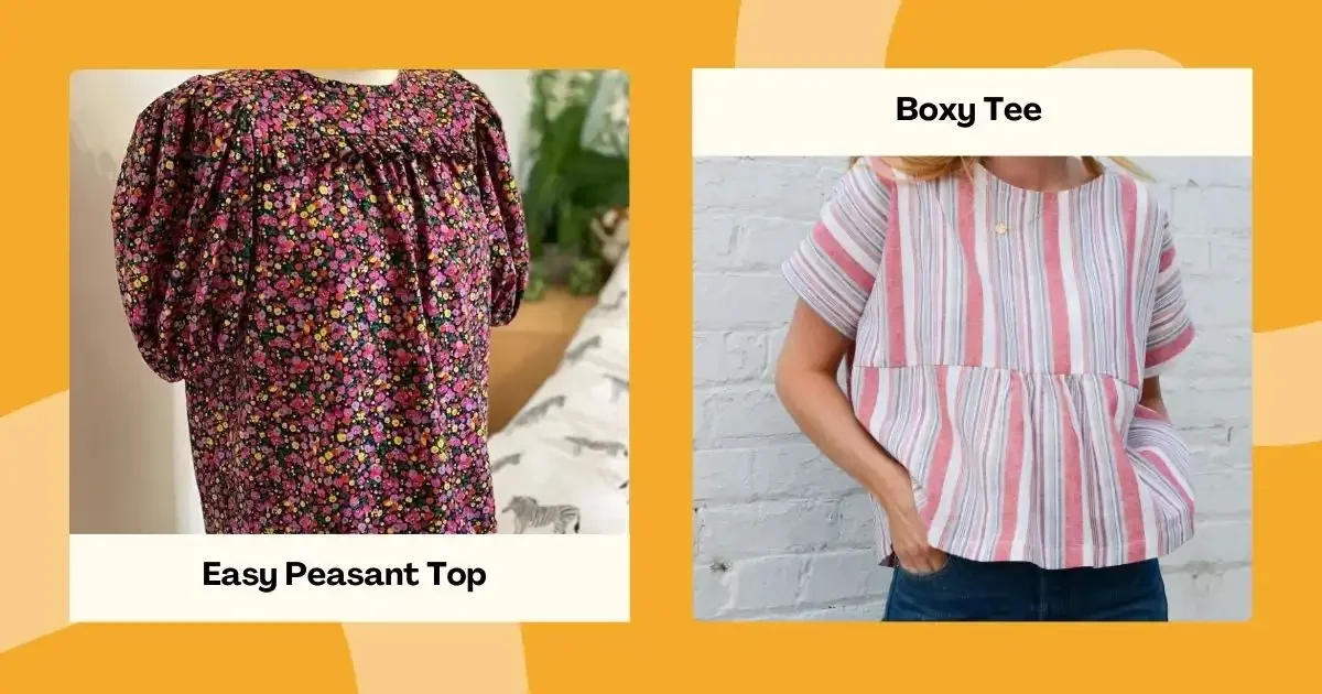 Two casual tops: a floral peasant blouse with puff sleeves and a striped boxy tee.