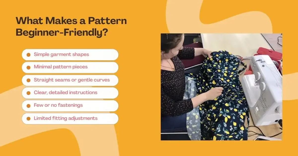 Beginner-friendly sewing pattern tips with simple shapes and learner using machine.