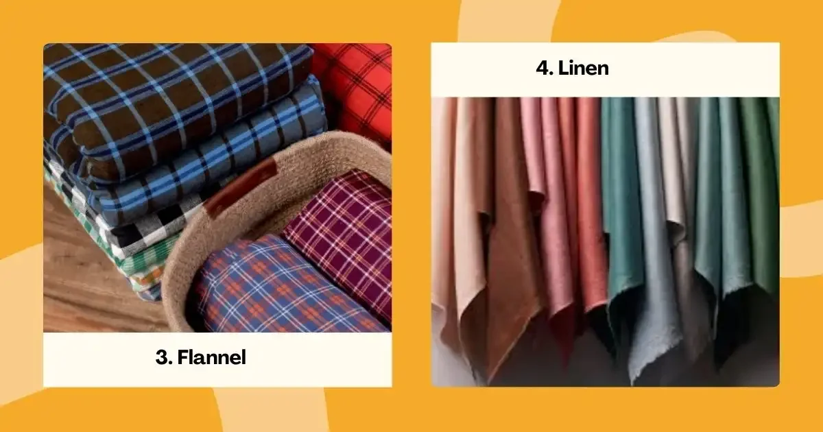 Side-by-side flannel plaids and hanging linen fabrics in warm, muted colors.