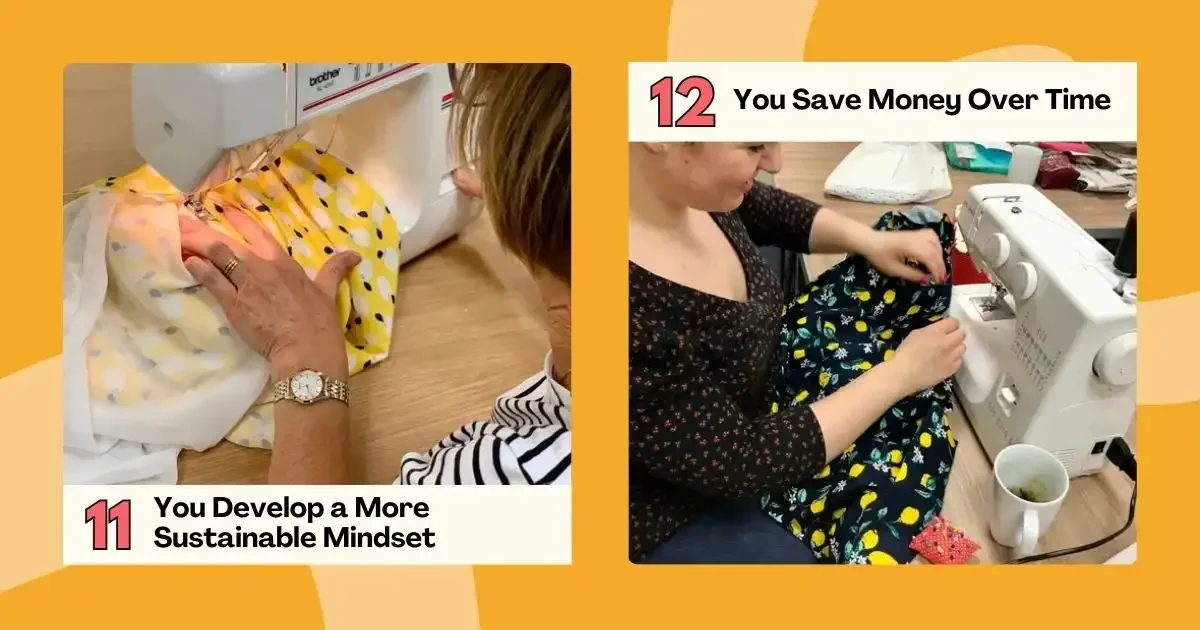 Adults sewing in a class, creating garments while developing a sustainable mindset.