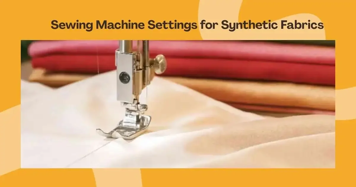 Sewing machine needle stitching white fabric, with folded fabrics and text on orange backdrop.