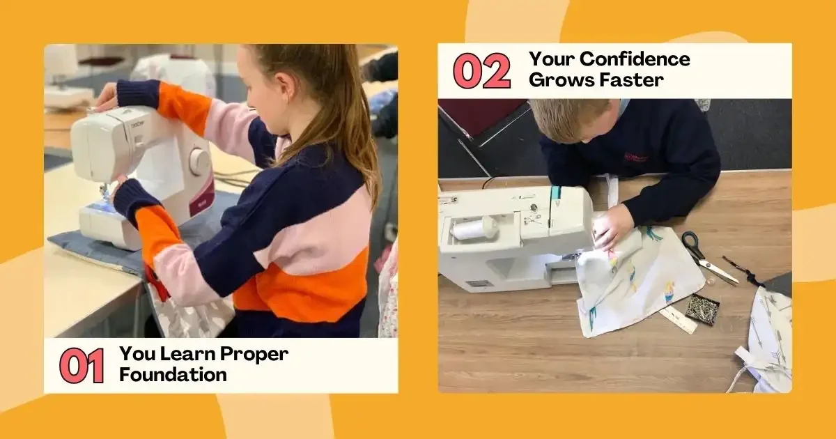 Children learning sewing on machines, building skills and growing confidence..