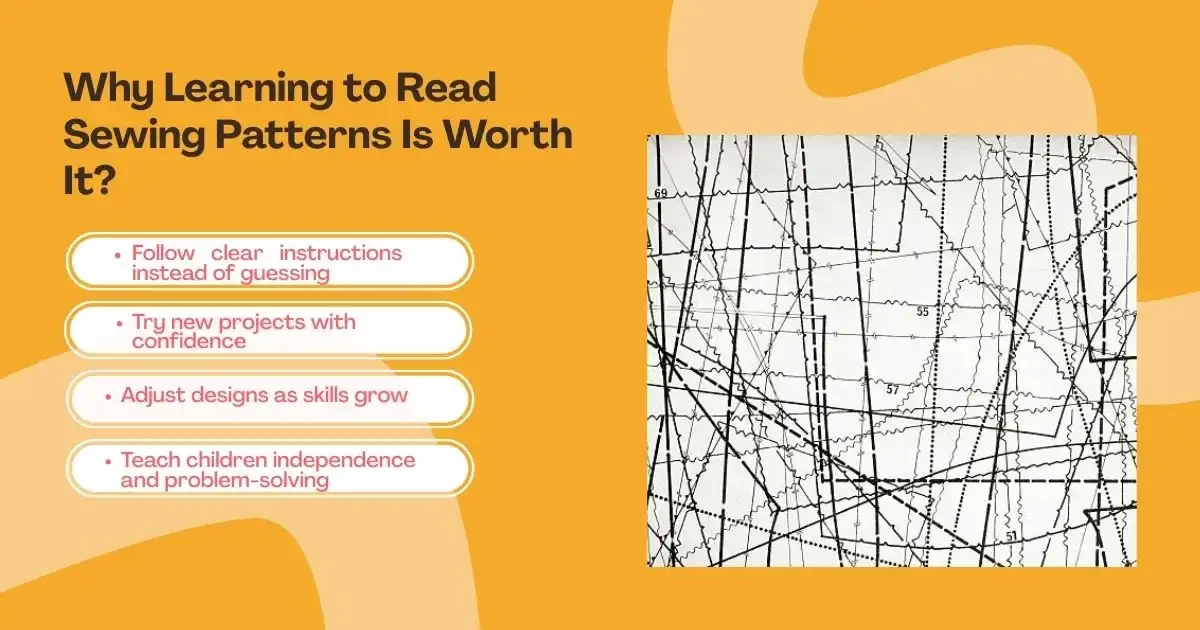 Illustration showing benefits of learning to read sewing patterns for beginners.