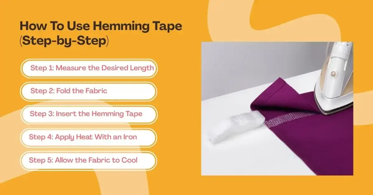 Step-by-step guide showing how to use hemming tape with an iron for hems.