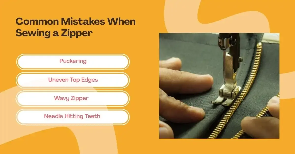 Infographic on common zipper sewing mistakes and fixes.
