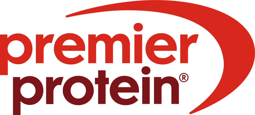 Logo of Premier Protein with red swoosh and black background