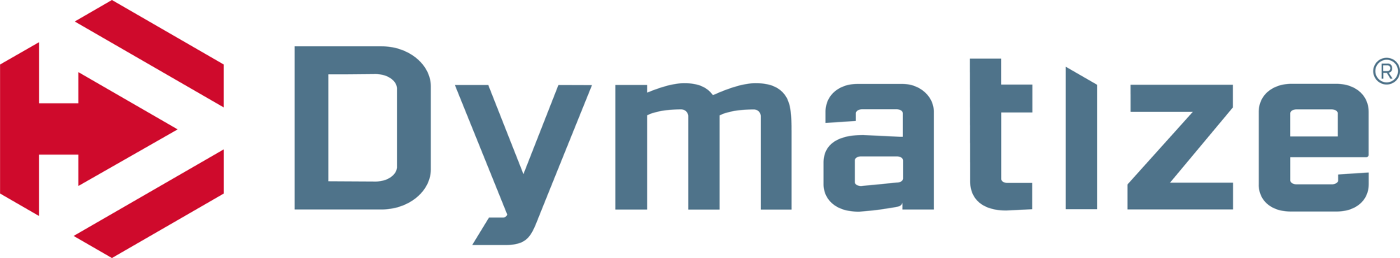 Dymatize logo with red geometric symbol and blue text