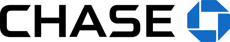 Logo with black writing and a blue geometric shape.