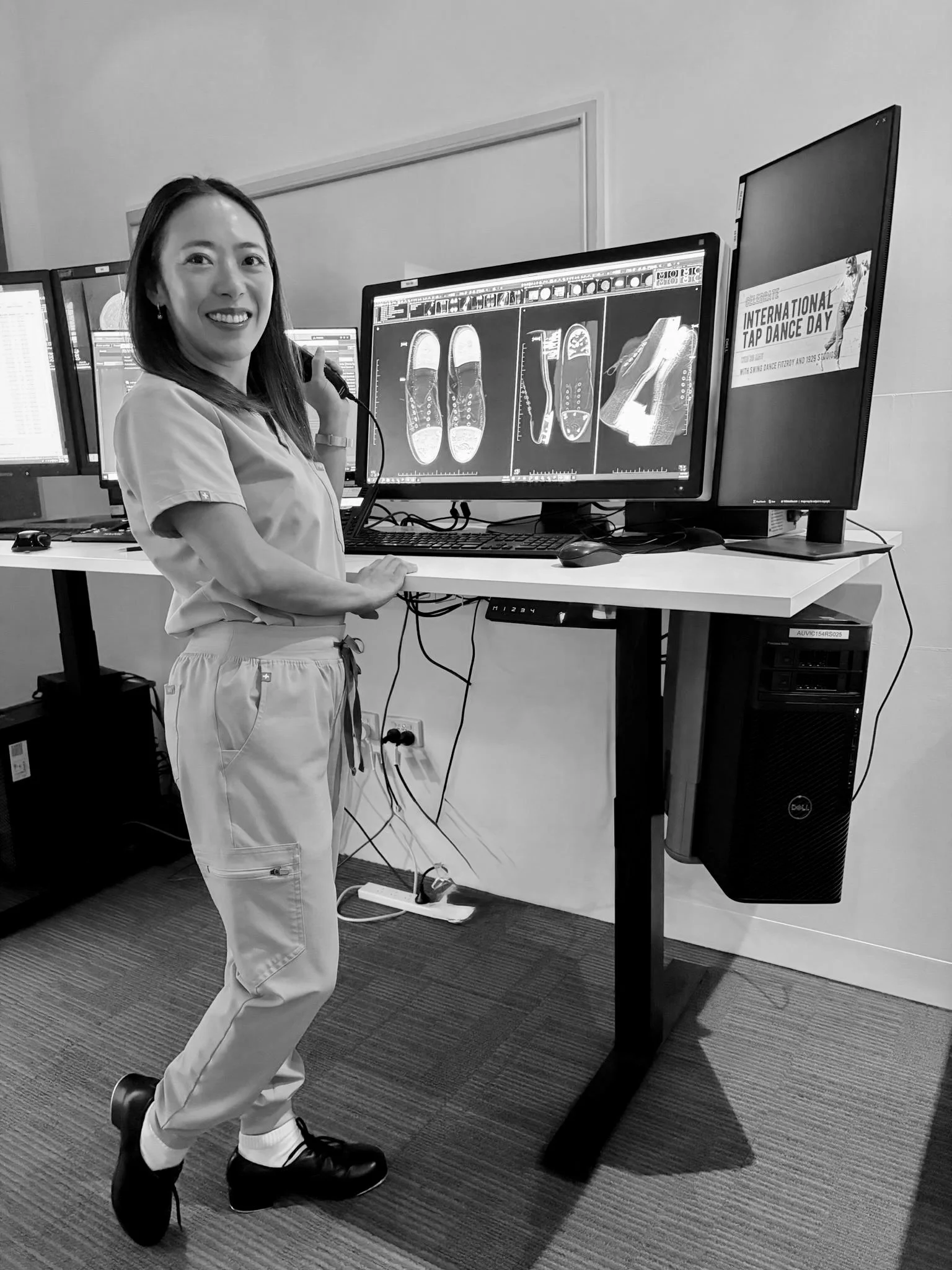Today is International Tap Dance Day. I asked my students to take their tap shoes somewhere and share a photo.
A specialist radiologist at a major Melbourne hospital put hers through a CT scanner. She has been a student for three years. She spends he