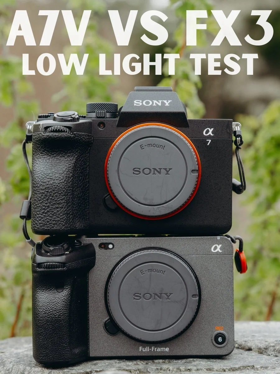 Text Reads: A7V vs FX3 Low light Test: Sony FX3 and Sony A7V Camera low light high ISO performance test - Videography & Photography