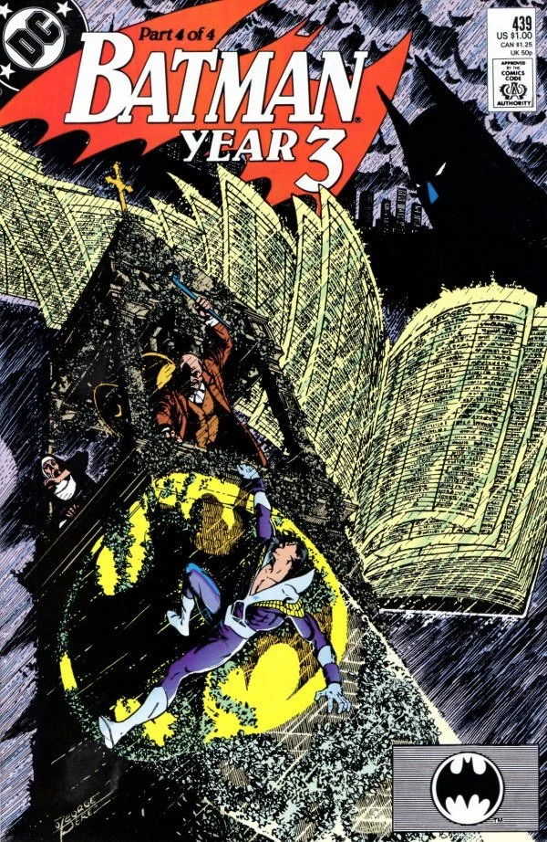 Cover of Batman #439 (1989, DC Comics) featuring Batman in a dark Gotham setting, illustrated in a late-1980s realistic style by Jim Aparo.