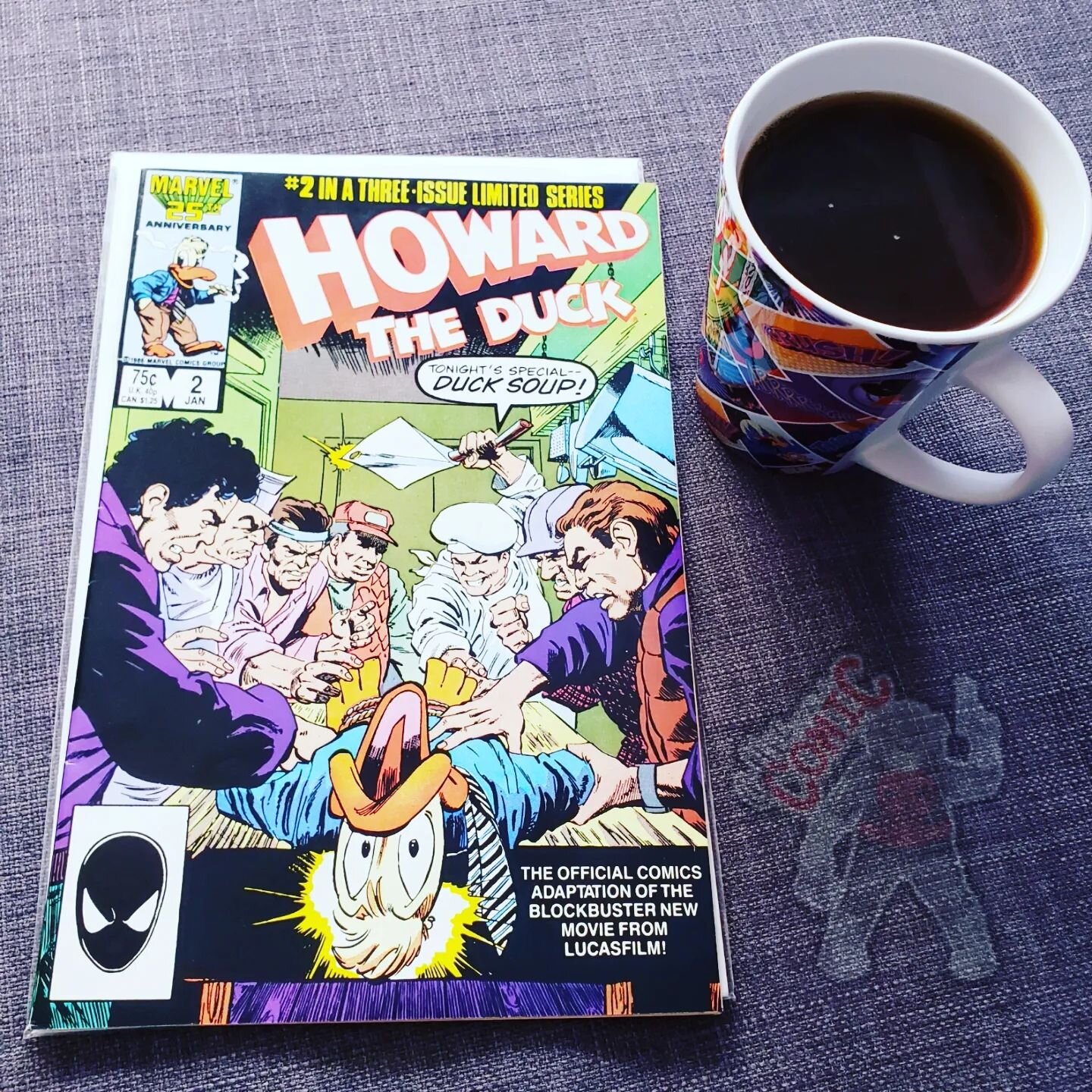 Today's Coffee ☕️ and Comic 📚  is Howard the Duck: The Movie adaption #2! 
Adapted by Danny Fingeroth and featuring art by Kyle Baker, this issue brings Howard the Duck face-to-face with the world in an official comic book adaptation of the blockbus