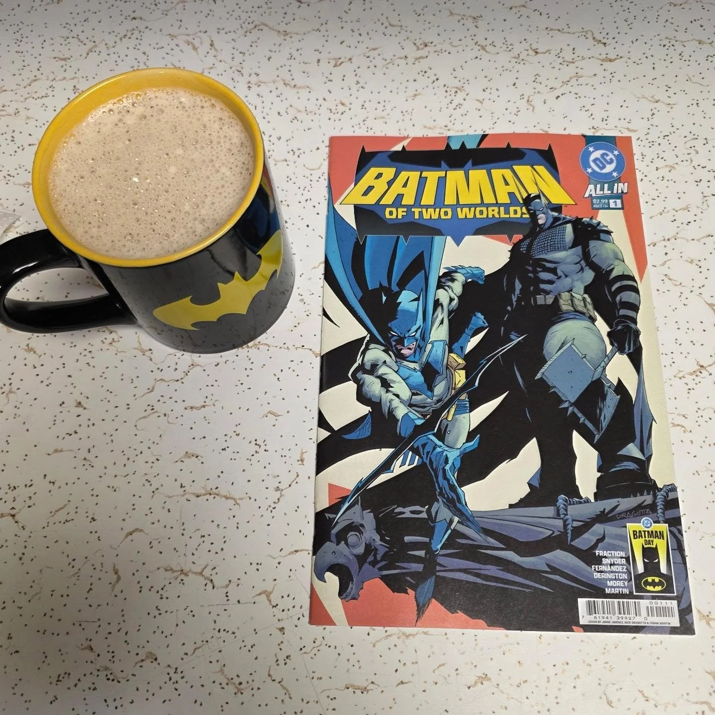 Today&rsquo;s Coffee ☕️ and a comic 📕 is Batman of Two Worlds #1!

Getting my morning brew ready alongside this massive launch for DC's All In initiative.

Seeing the regular DC Universe Dark Knight team up with the brutal, massive Absolute Batman i