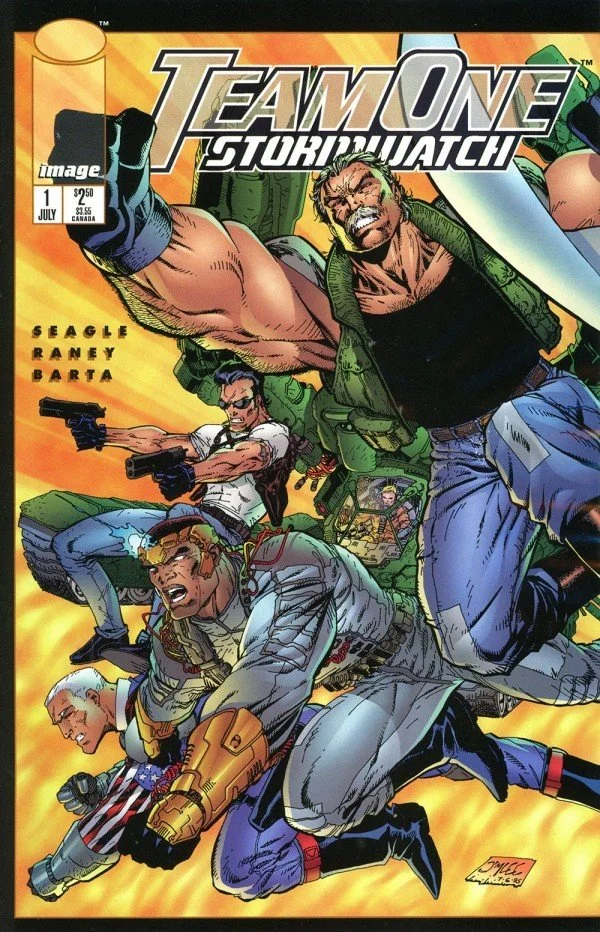 Cover of Team One: Stormwatch #1 (1995) showing the elite Stormwatch team in dynamic action poses, highlighting Jim Lee’s detailed pencils and bold superhero compositions.
