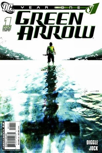 Cover of Green Arrow: Year One #1 (2007) showing Oliver Queen drawing his bow against a jungle backdrop, symbolizing his transformation into Green Arrow.