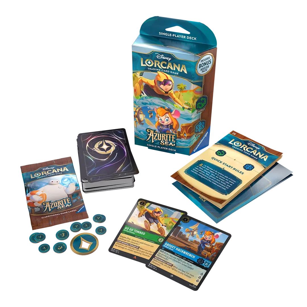 Disney Lorcana: Azurite Sea Starter Deck [Emerald & Sapphire] inside