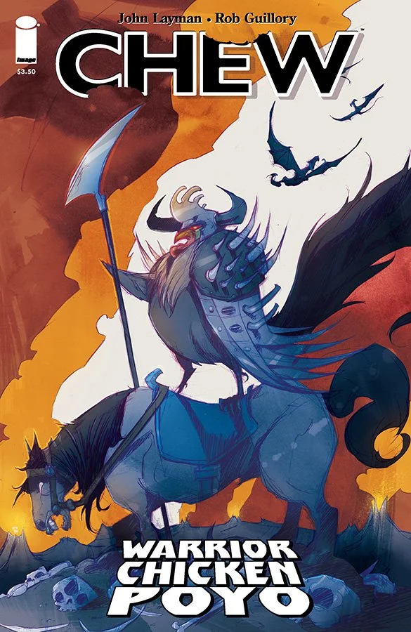 Cover of Chew: Warrior Chicken Poyo #1 (2014) featuring the cybernetic chicken Poyo striking a heroic pose against a fiery, action-packed backdrop.