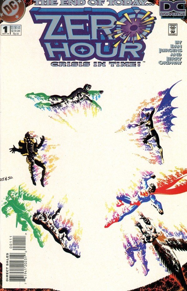 Cover of Zero Hour: Crisis in Time #1 (1994) featuring DC heroes converging in a burst of white energy as time collapses around them.