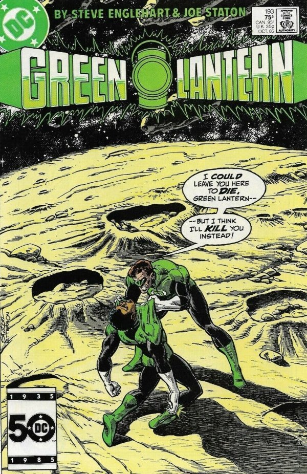 Cover of Green Lantern #193 (1985) featuring John Stewart and Katma Tui as Green Lanterns confronting the villain Replikon in outer space.