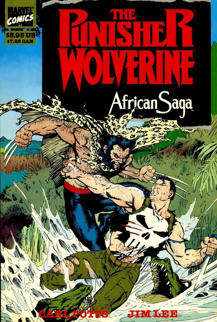 “Cover of The Punisher / Wolverine: African Saga TP (1989) featuring Wolverine and the Punisher in combat-ready poses against an African setting.”