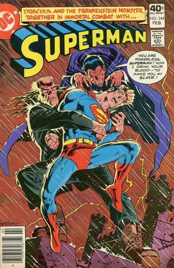 Cover of Superman #344 (1979, DC Comics) featuring Superman in a classic Bronze Age action scene, illustrated by Curt Swan in late-1970s DC style.