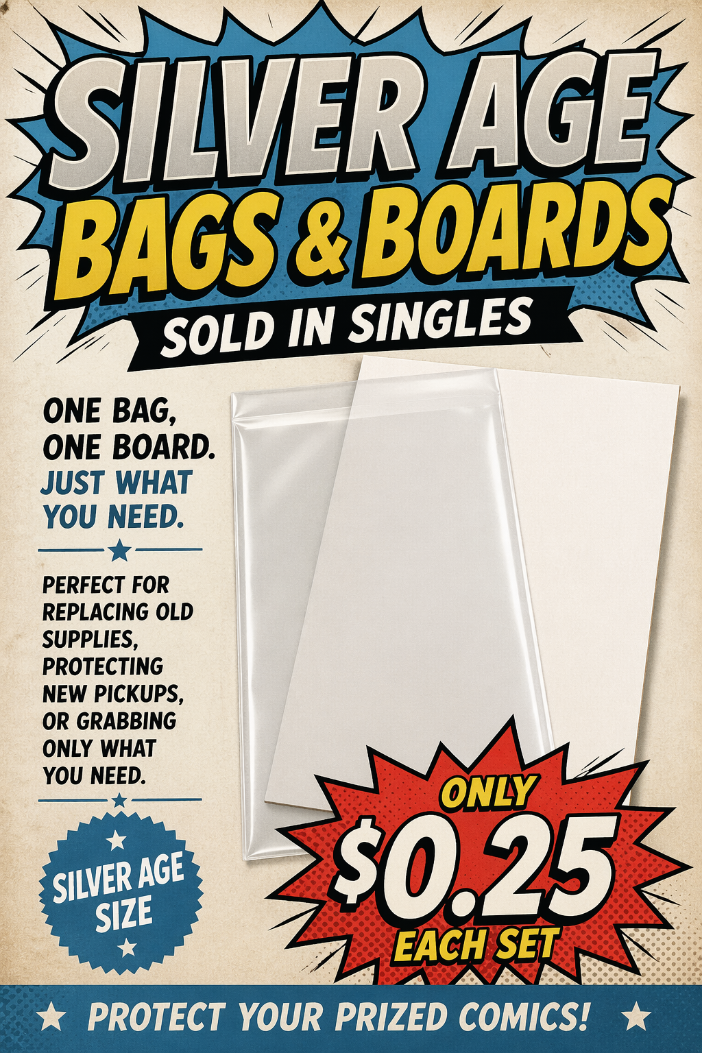 Single Bag and Board - Silver Age Comic Book Board and Bag