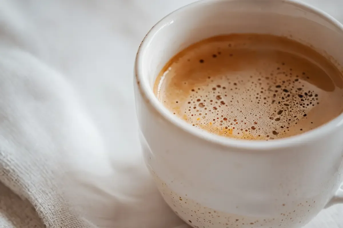 A close-up of a white ceramic cup filled with frothy coffee, resting on a soft, white textured fabric surface.