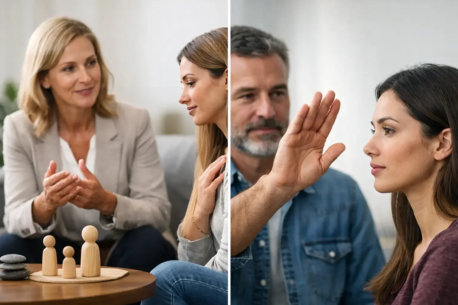 Split image: On the left, two women have a supportive conversation with wooden figurines on the table. On the right, a man performs a hand movement in front of a womans face, suggesting a therapy session.