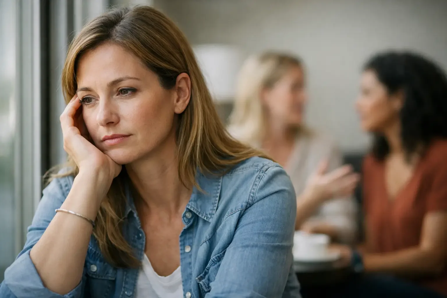 A pensive woman rests her chin in her hand, with two other people blurred in the background.