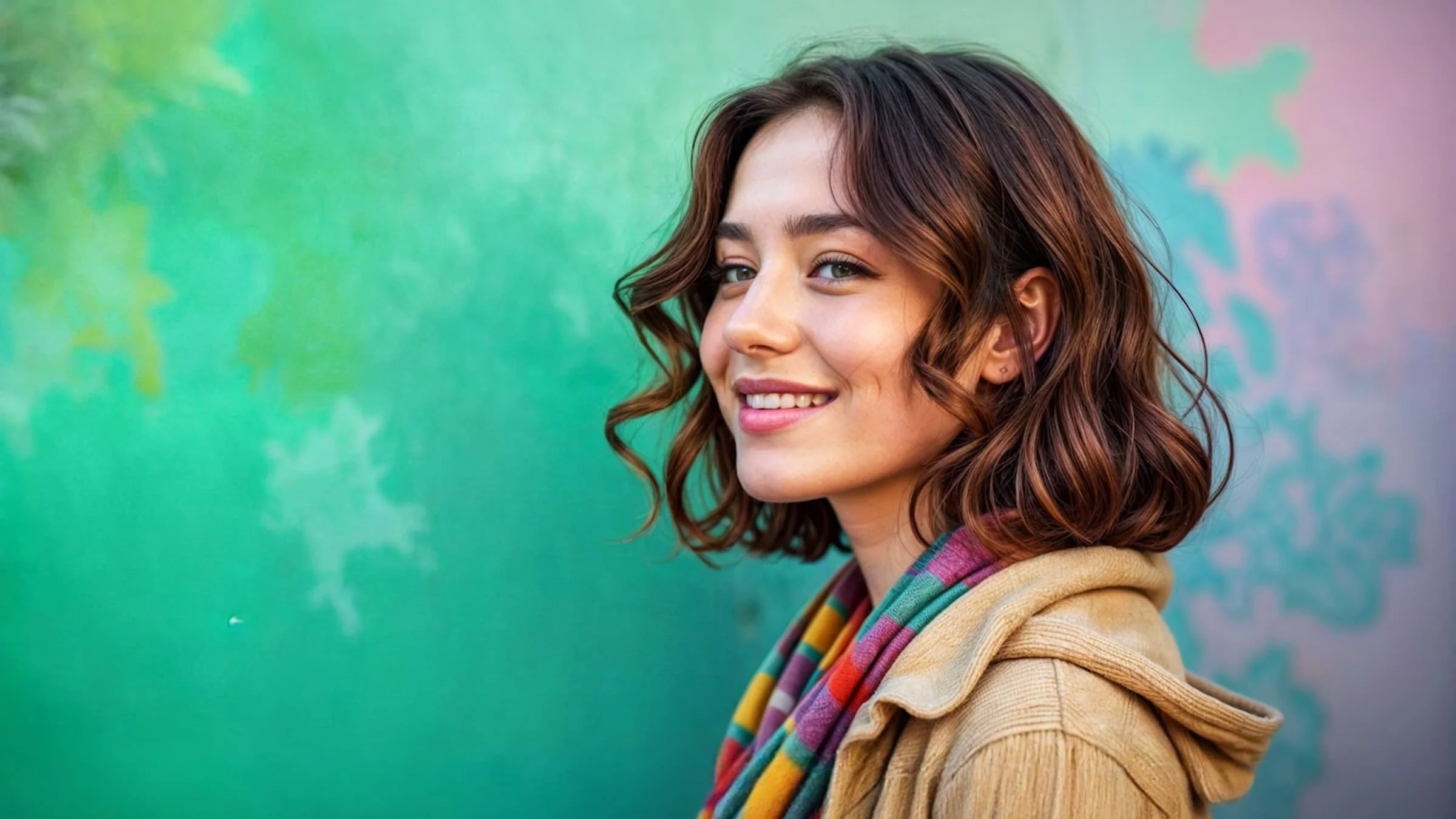 A young woman with shoulder-length wavy hair smiles over her shoulder against a green and pink blurred background.