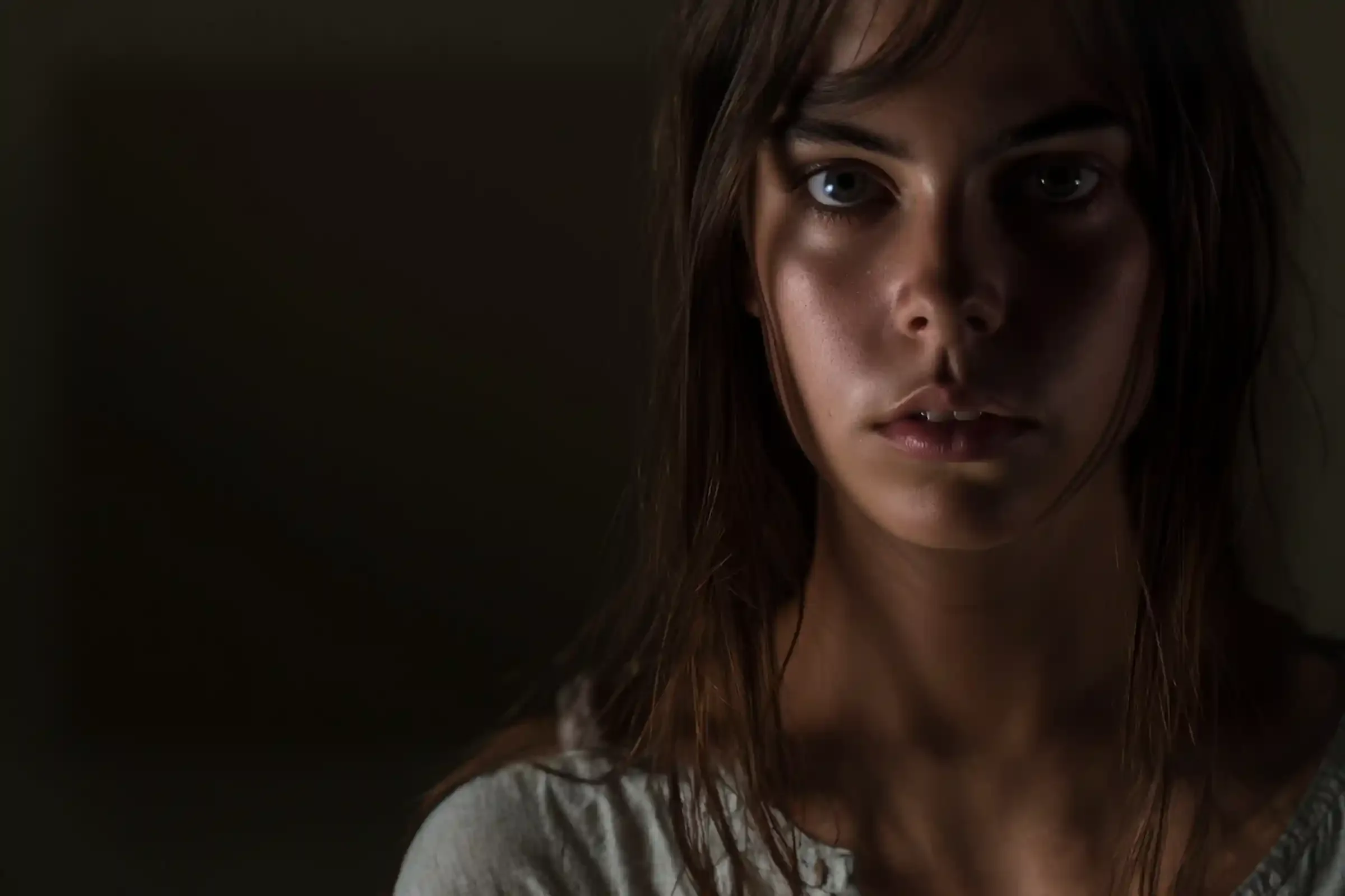 A young woman with long brown hair and a serious expression looks directly at the camera. She is lit from the side, casting soft shadows on her face, with a dark, blurred background.