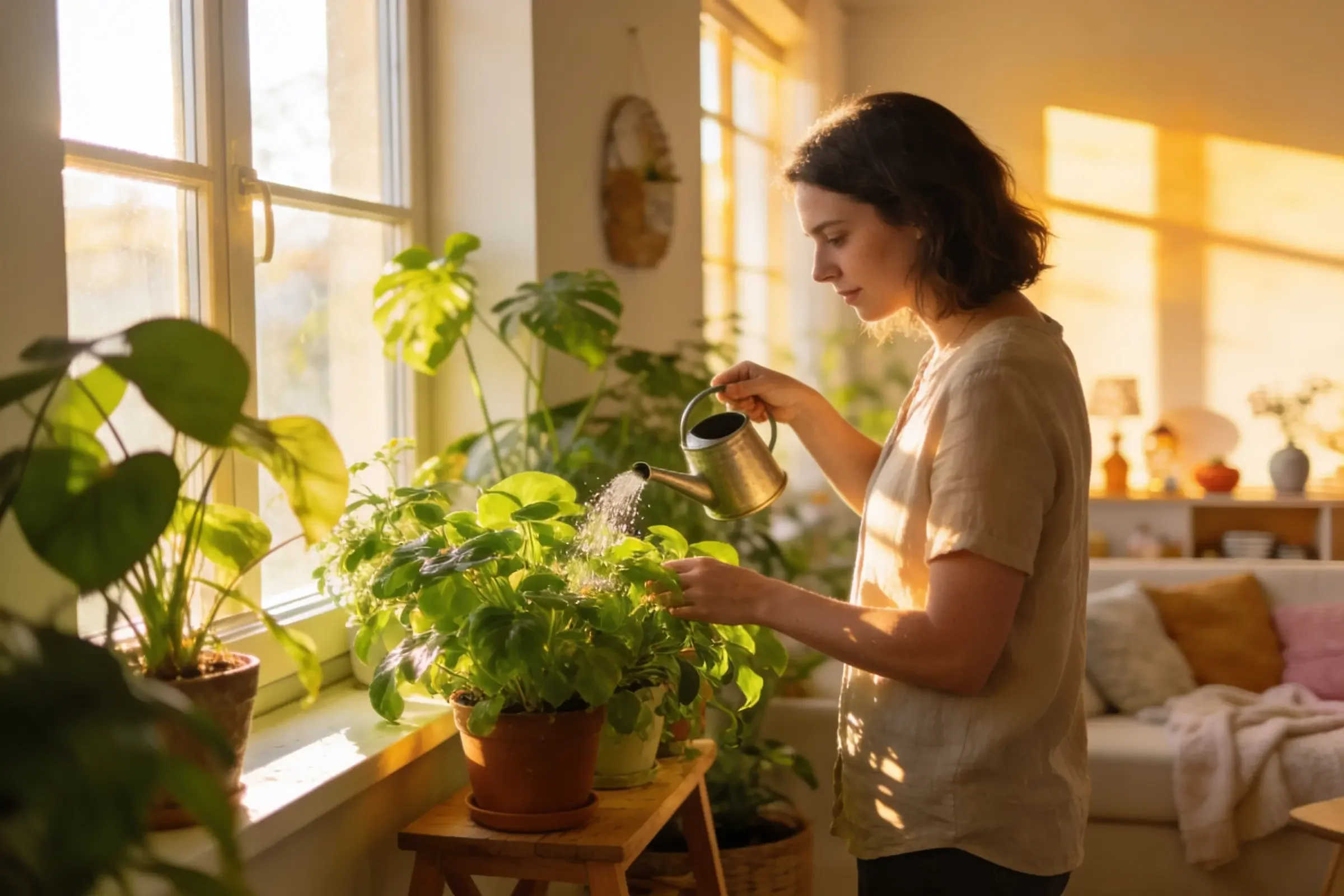 A woman waters potted plants on a wooden stand by a sunlit window in a cozy, warmly lit living room filled with houseplants and comfortable furniture.