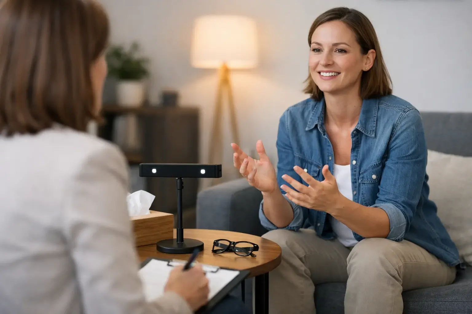 Smiling woman talking to a therapist in an office, sitting on a couch with her hands gesturing, while the therapist takes notes on a clipboard.