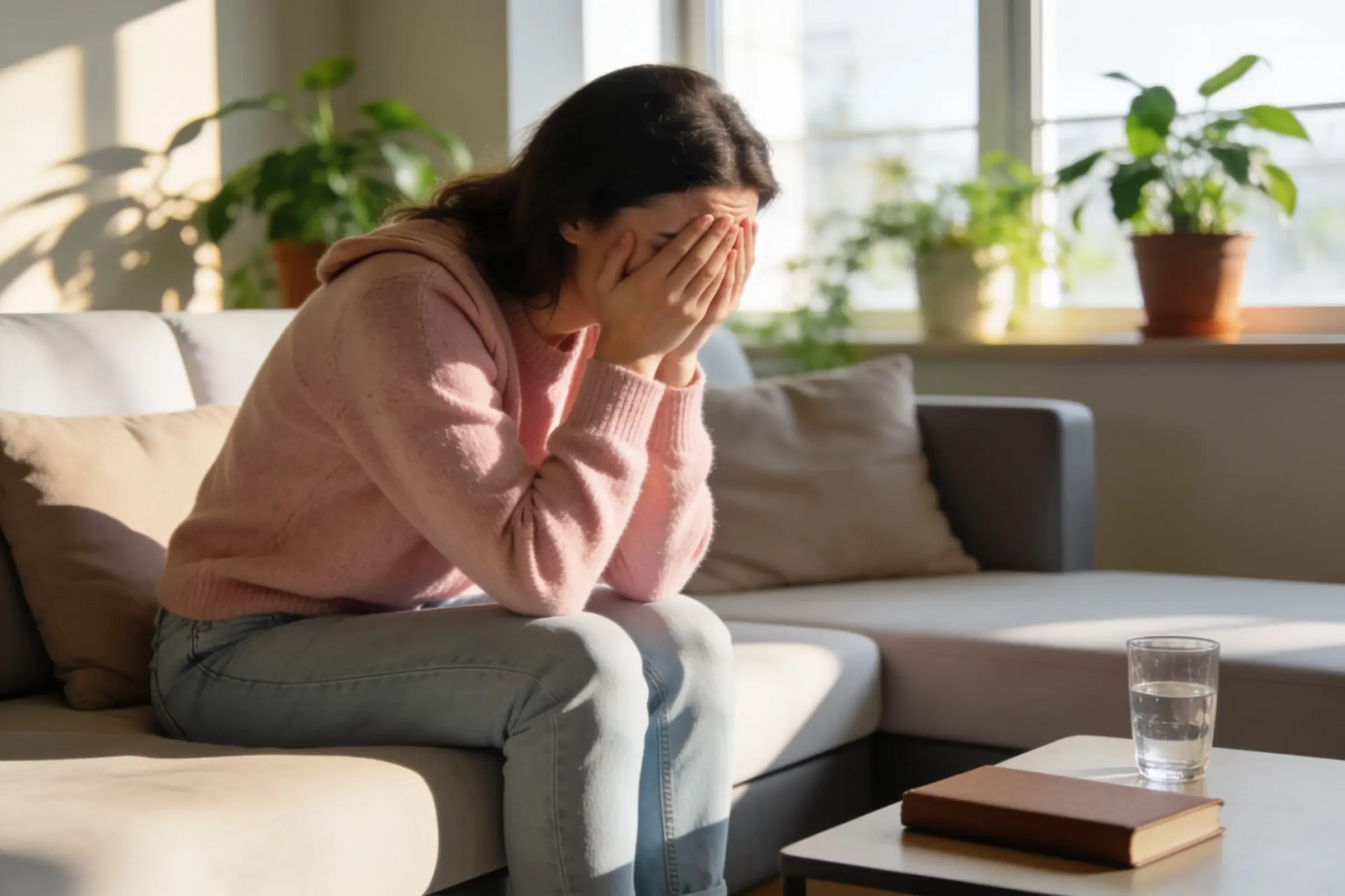 A woman sits on a couch with her elbows on her knees, covering her face with her hands. She appears upset or distressed. There are potted plants on a windowsill behind her and a glass of water on a table nearby.