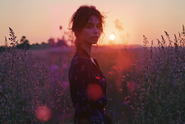 A woman stands in a field of wildflowers at sunset, bathed in warm, soft light with the sun low on the horizon. The scene has a dreamy, ethereal atmosphere with pink and orange tones.