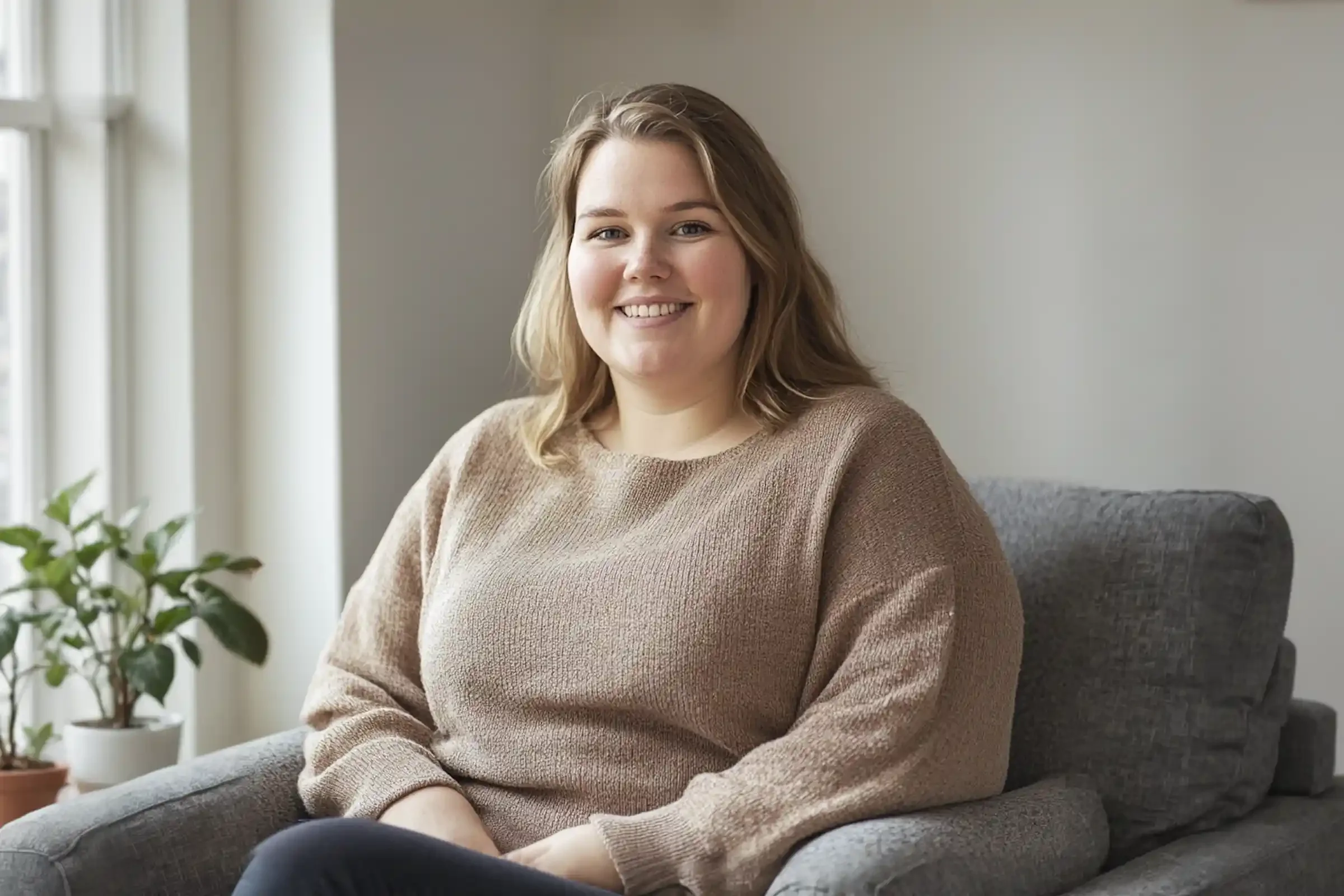 A woman with long, light brown hair sits on a gray armchair, smiling at the camera. She is wearing a beige sweater. There is a potted plant and a window with natural light in the background.