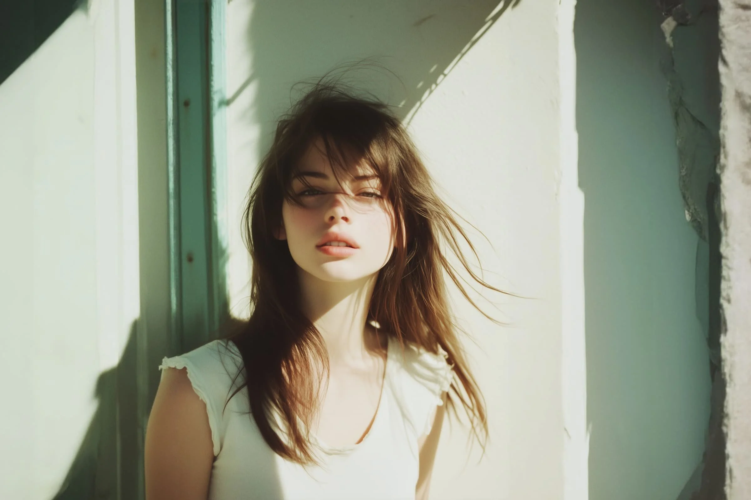 A young woman with long brown hair stands against a sunlit wall, wearing a white top. Her hair is tousled by the wind, and she looks calmly at the camera, partially bathed in natural light and soft shadow.