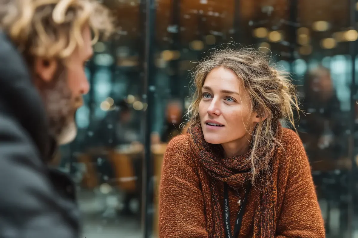 A woman in a brown sweater and scarf listens attentively to a man with curly hair and a beard. They are sitting indoors with glass walls and blurred figures visible in the background.